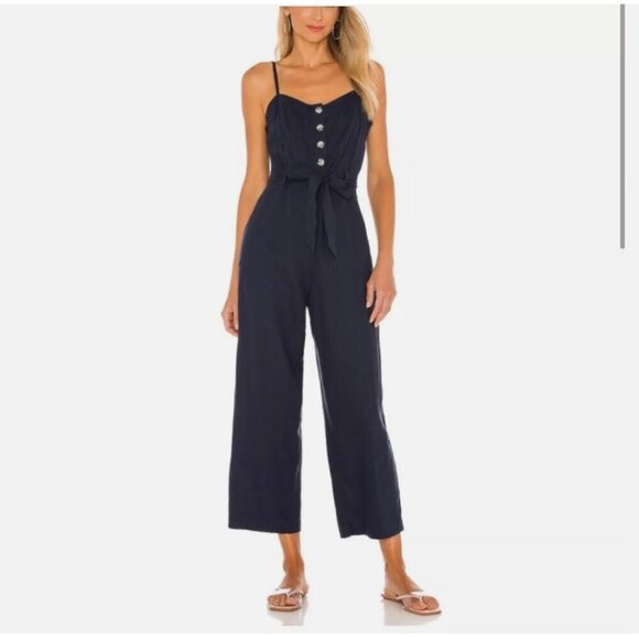 Rails Pants - Rails Harper Navy Blue Linen Blend Spaghetti Strap Belted Wide Leg Jumpsuit